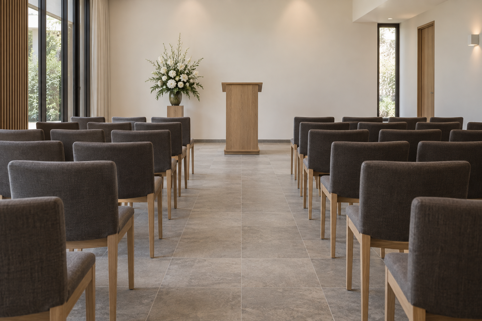 Sfeerimpressie van een aula met zitplaatsen, een spreekgestoelte en witte bloemen
